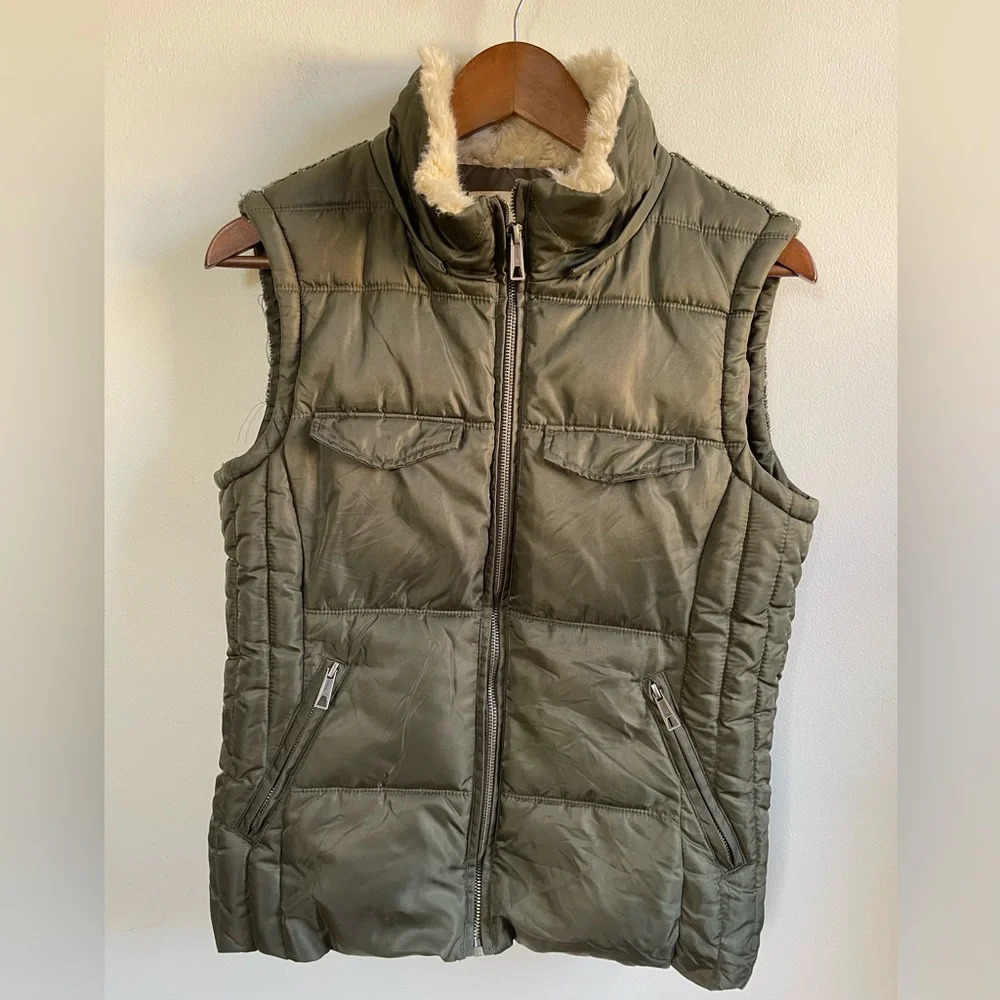 Zara Puffer Vest Removable Hood, Olive Green and Brown, Women's Large